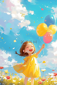 清海报插画图片_夏季女孩玩耍气球插画手绘海报