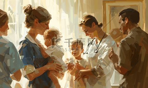 年轻快乐的女人插画图片_年轻妈妈带着孩子看医生