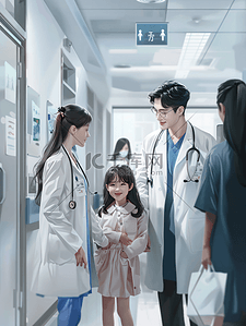 小手相拉插画图片_家庭医生小轻的母亲带着女儿群医生医院里