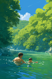 一碧绿的河水插画图片_夏天河水父子游泳插画海报手绘