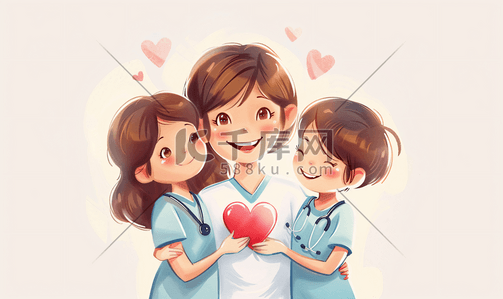 医疗健康爱心插画图片_女护士和小朋友一起拿爱心