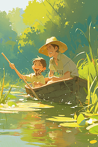 一碧绿的河水插画图片_插画夏天河水父子游泳手绘海报