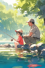 夏季河边父女手绘钓鱼插画海报