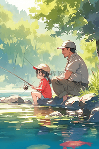 漂亮的鹿插画图片_夏季河边父女手绘钓鱼插画海报