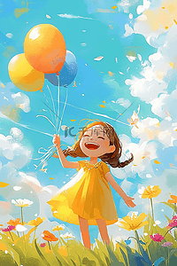 女孩玩耍夏季气球手绘插画海报