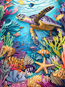 龙船剪纸插画图片_海底世界海洋动物剪纸风格插画海报