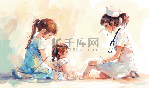 医师护士插画图片_护士查房生病的小女孩
