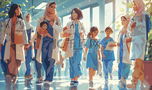 中年女插画图片_水平构图相伴保健医护工作者和女孩