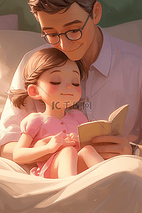 父亲节粉色插画图片_孩子父亲读书讲故事手绘插画海报