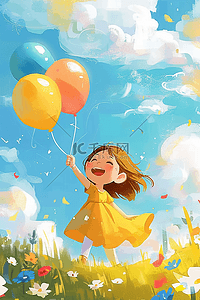女孩玩耍气球手绘插画夏季海报