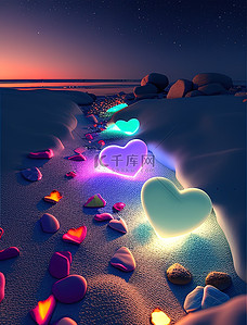 夜晚五颜六色的爱心石头海边插画海报