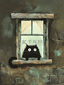 躺在窗户里的是一只黑猫插画海报