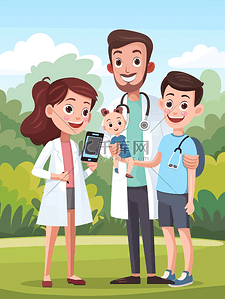 乌龟说话插画图片_快乐健康的家庭和医生在公园合影