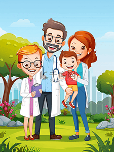 触控平板电脑插画图片_快乐健康的家庭和医生在公园合影