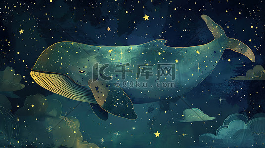 漂浮金箔片插画图片_鲸鱼漂浮太空异想天开的插图