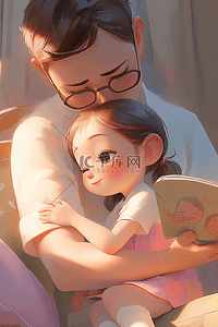父亲节粉色插画图片_父亲孩子读书讲故事手绘插画海报