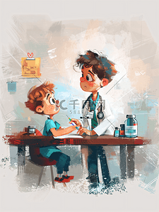 皮肤黝黑暗沉插画图片_小男孩在医生办公室接种疫苗