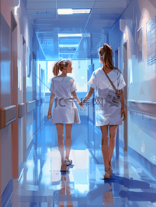 成人脚丫插画图片_微笑的女孩医院走廊里散步时看着中等成人护士