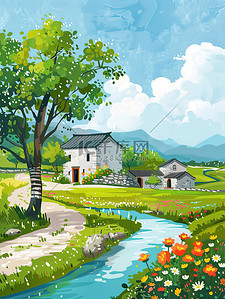 两岸插画图片_夏天小河两岸的乡村景色插画海报