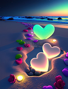 夜晚五颜六色的爱心石头海边插画素材