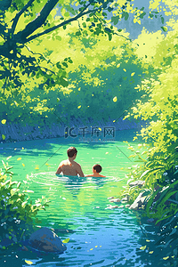 一碧绿的河水插画图片_夏天河水父子游泳手绘插画海报