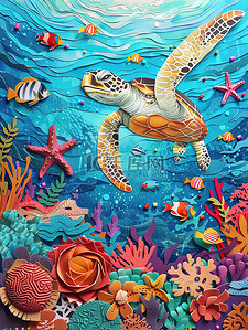海底世界海洋动物剪纸风格插画