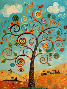 欧式艺术画插画图片_儿童艺术插画一棵大树