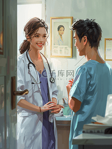 微笑日边框插画图片_微笑的医生医院女孩病人交谈