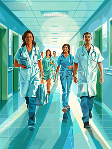 物理动图插画图片_医疗保健 专业 人医学快乐的医生护士医院走廊