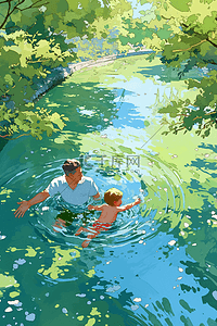 河水父子游泳手绘夏天插画海报