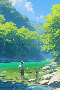 一碧绿的河水插画图片_河水夏天父子游泳手绘插画海报