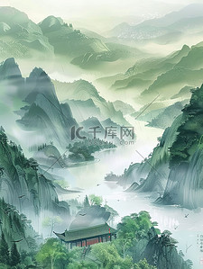 中国画绘画插画图片_唯美山水雾气中国画插画图片