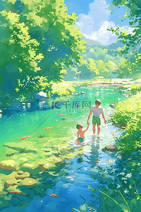 夏天绿色简约插画图片_河水父子夏天游泳手绘插画海报
