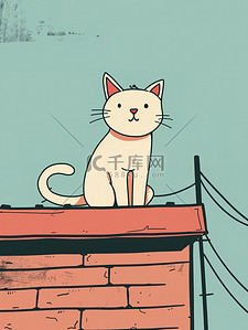 一只猫在屋顶上单色线条画插画海报