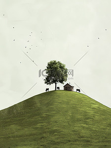 山坡的小房子和树木插画