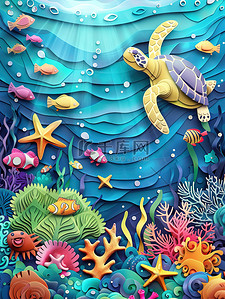 海洋生物边框插画图片_海底世界海洋动物剪纸风格素材