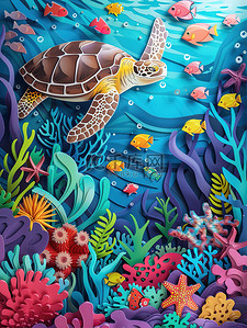 海洋风格插画图片_海底世界海洋动物剪纸风格素材