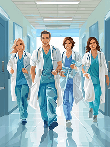 医生护士动画插画图片_医疗保健 专业 人医学快乐的医生护士医院走廊