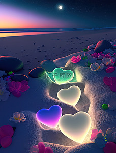 夜晚五颜六色的爱心石头海边图片