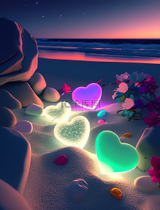 夜晚五颜六色的爱心石头海边插图