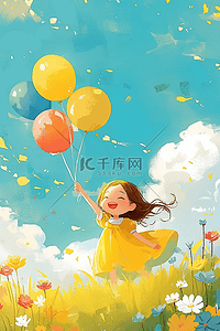 夏季手绘女孩玩耍气球插画海报
