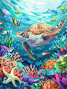 海底世界海洋动物剪纸风格插图