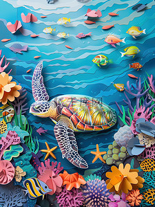 贺年剪纸插画图片_海底世界海洋动物剪纸风格图片