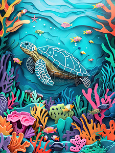 海洋风格插画图片_海底世界海洋动物剪纸风格图片