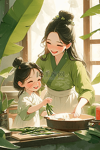 端午节母女包粽子插画手绘海报