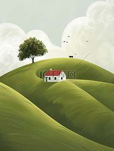 小山丘插画图片_山坡的小房子和树木插画设计