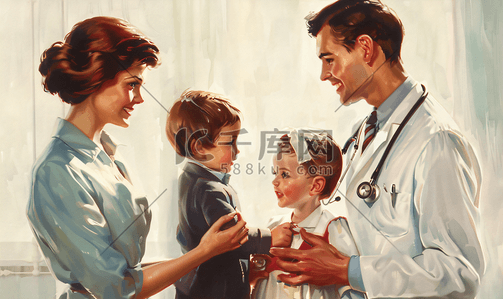 家庭用品图标插画图片_年轻妈妈带着孩子看医生