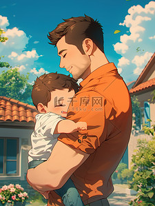 写死群分男人插画图片_中年男人抱着他的孩子插画设计