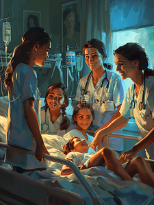 嘟嘟不舒服插画图片_护士和女孩在医院的床上笑着