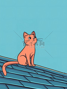 一只猫在屋顶上单色线条画素材